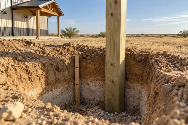 Excavated footing hole showing sandy loam over a caliche layer, Lubbock TX