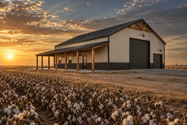 Finished cream and charcoal pole barn on South Plains farmland near Lubbock, Texas